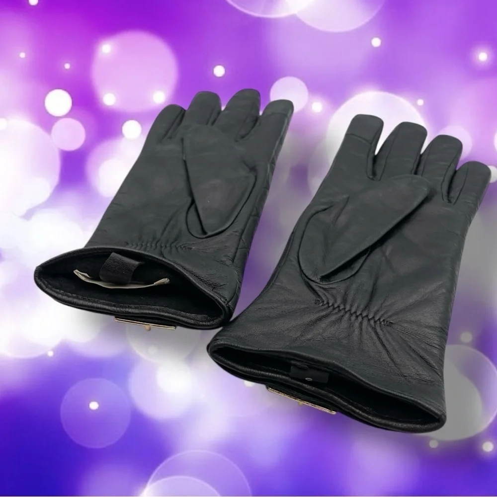 Michael Michael Kors Quilted Black Leather Gloves with Gold Detail